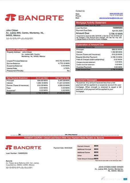 Download Mexico Banorte mortgage statement Word and PDF template Photoshop template